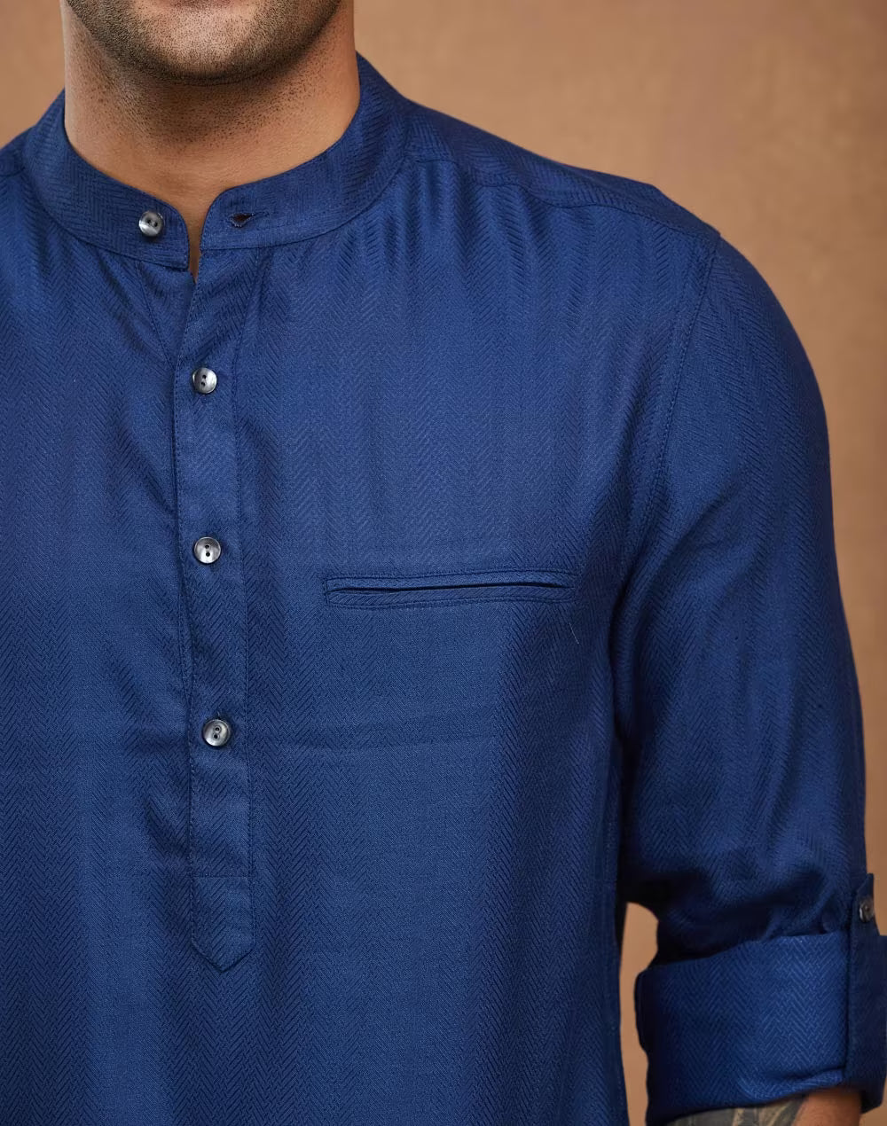 Blue Viscose Silk Dobby Slim Fit Mid Placket Shirt
