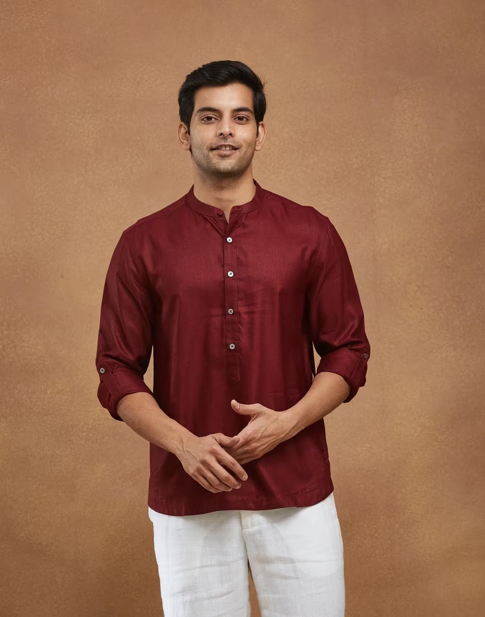 Maroon Viscose Silk Slim Fit Mid Placket Shirt