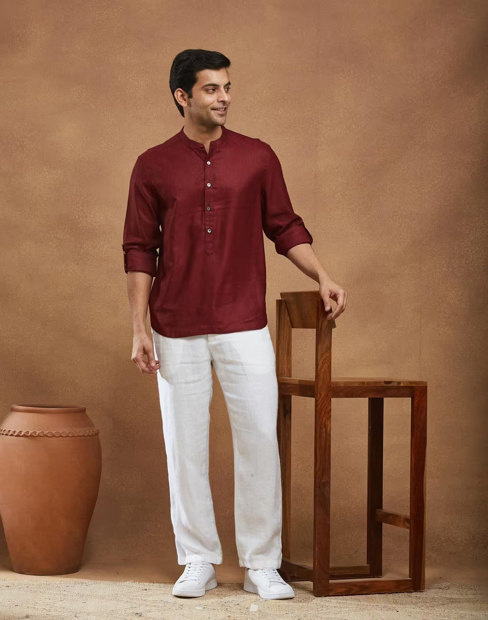 Maroon Viscose Silk Slim Fit Mid Placket Shirt
