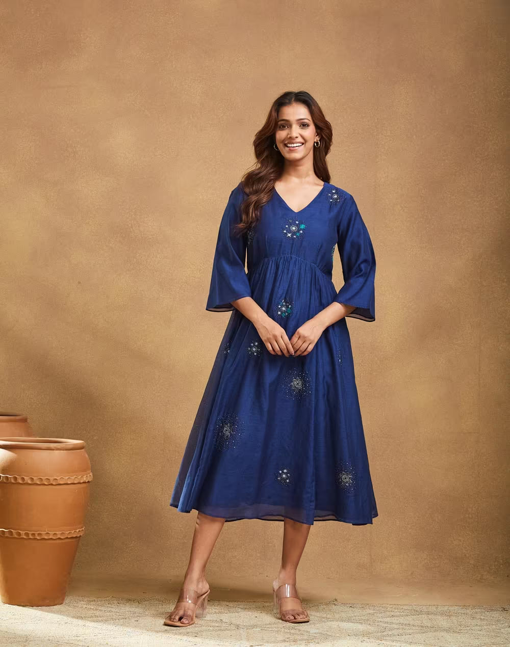 Blue Cotton Silk Embroidered Midi Dress