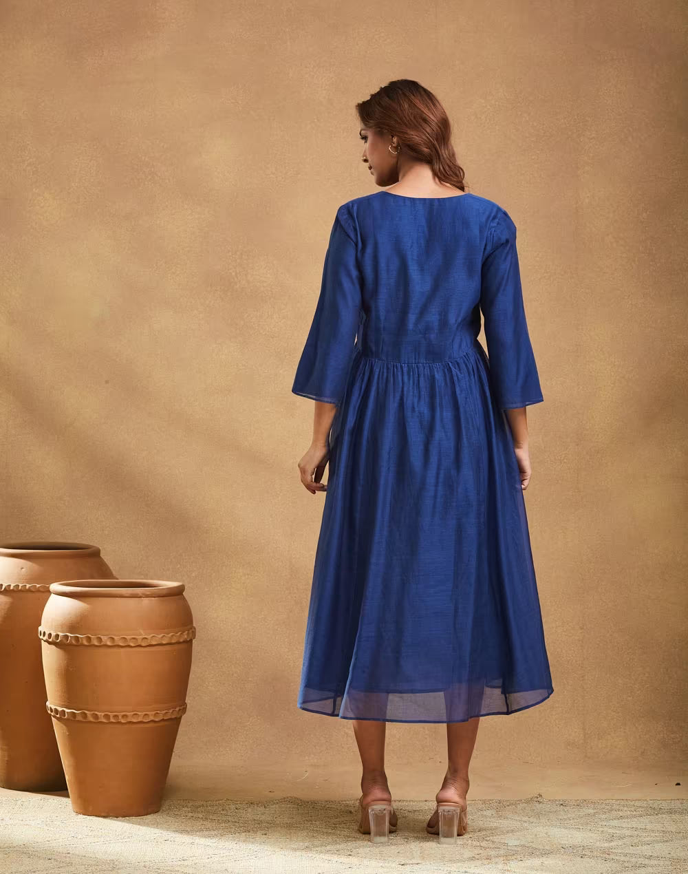 Blue Cotton Silk Embroidered Midi Dress