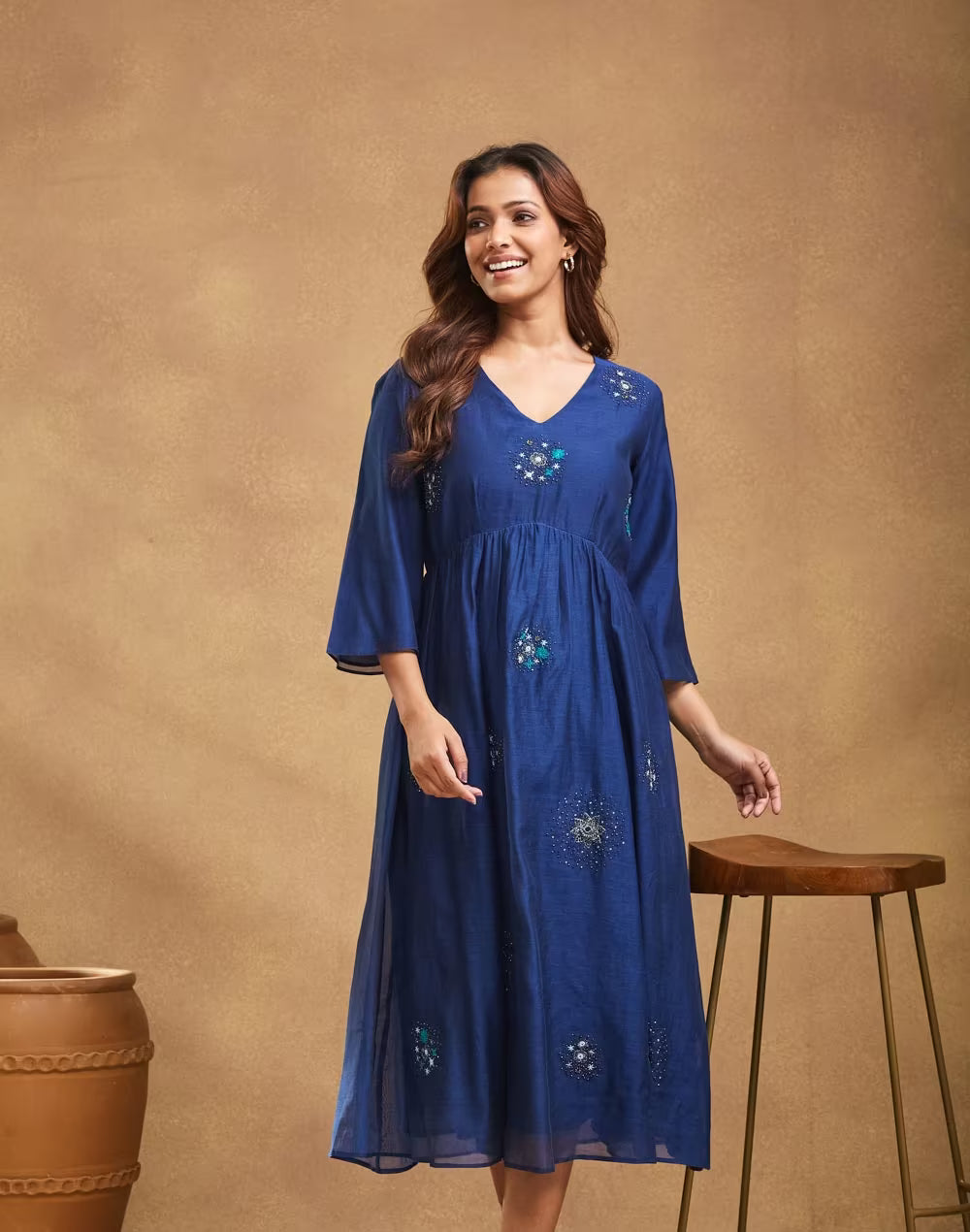 Blue Cotton Silk Embroidered Midi Dress