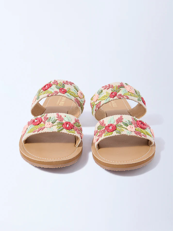 LUNA BLU Red Floral Embroidered Slip-On Sandals