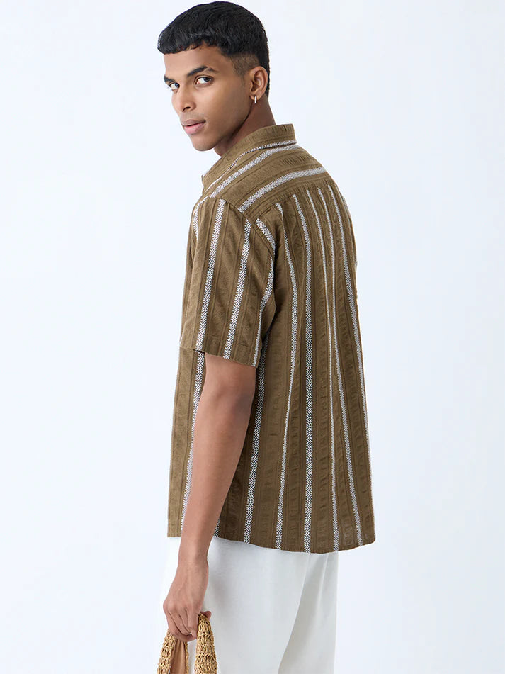 ETA Brown Stripe Relaxed-Fit Cotton-Blend Shirt