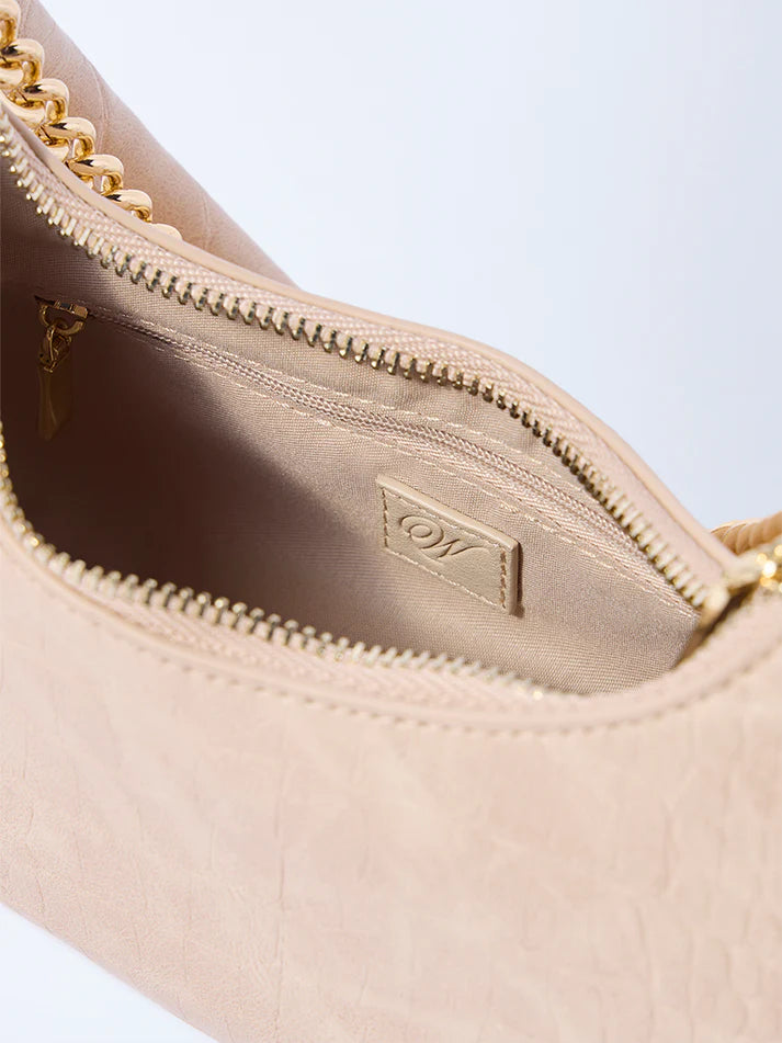 Westside Beige Textured Chain-Detailed Shoulder Bag