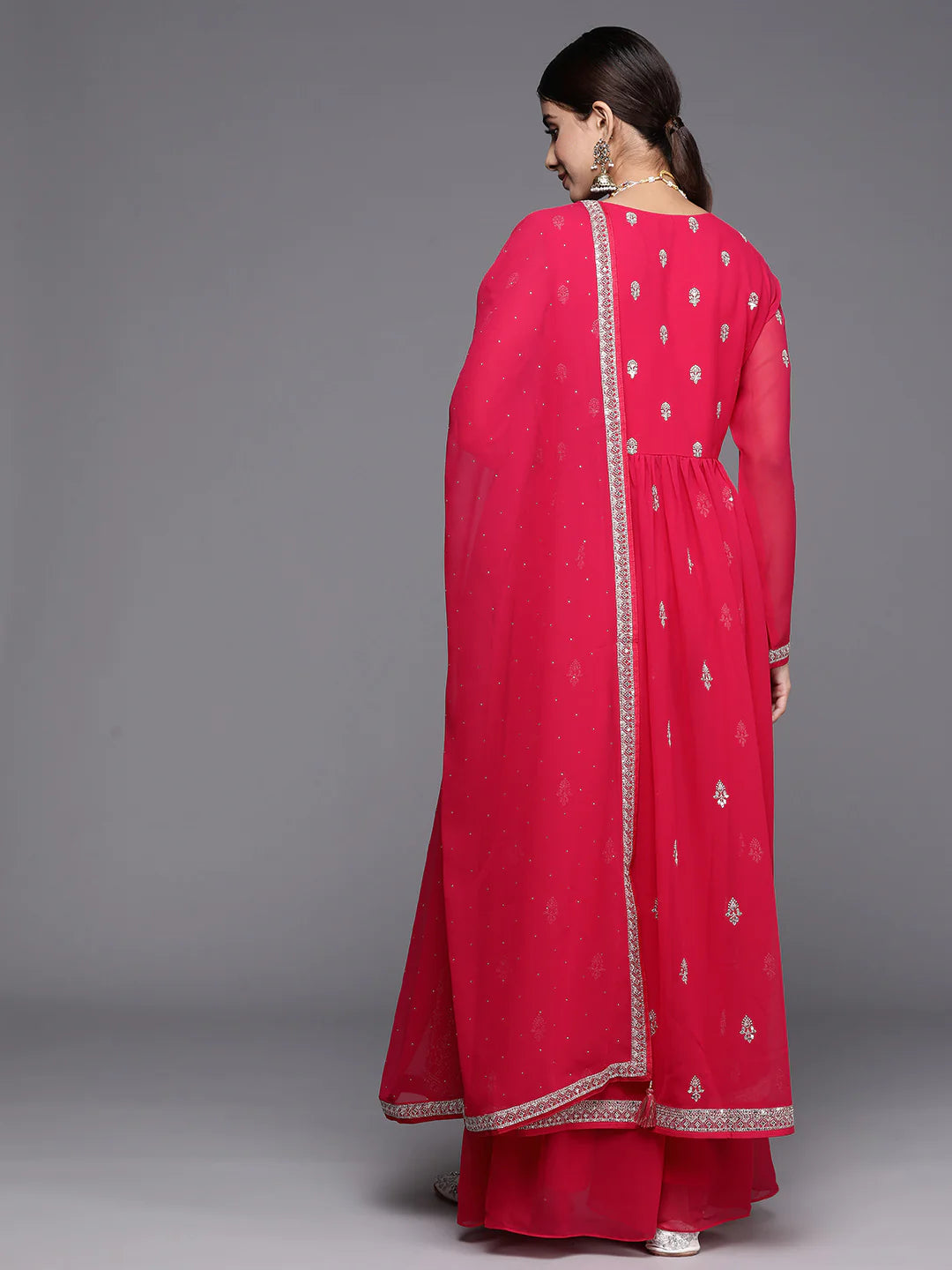 Hot Pink Embroidered Georgette A-Line Kurta With Palazzos & Dupatta