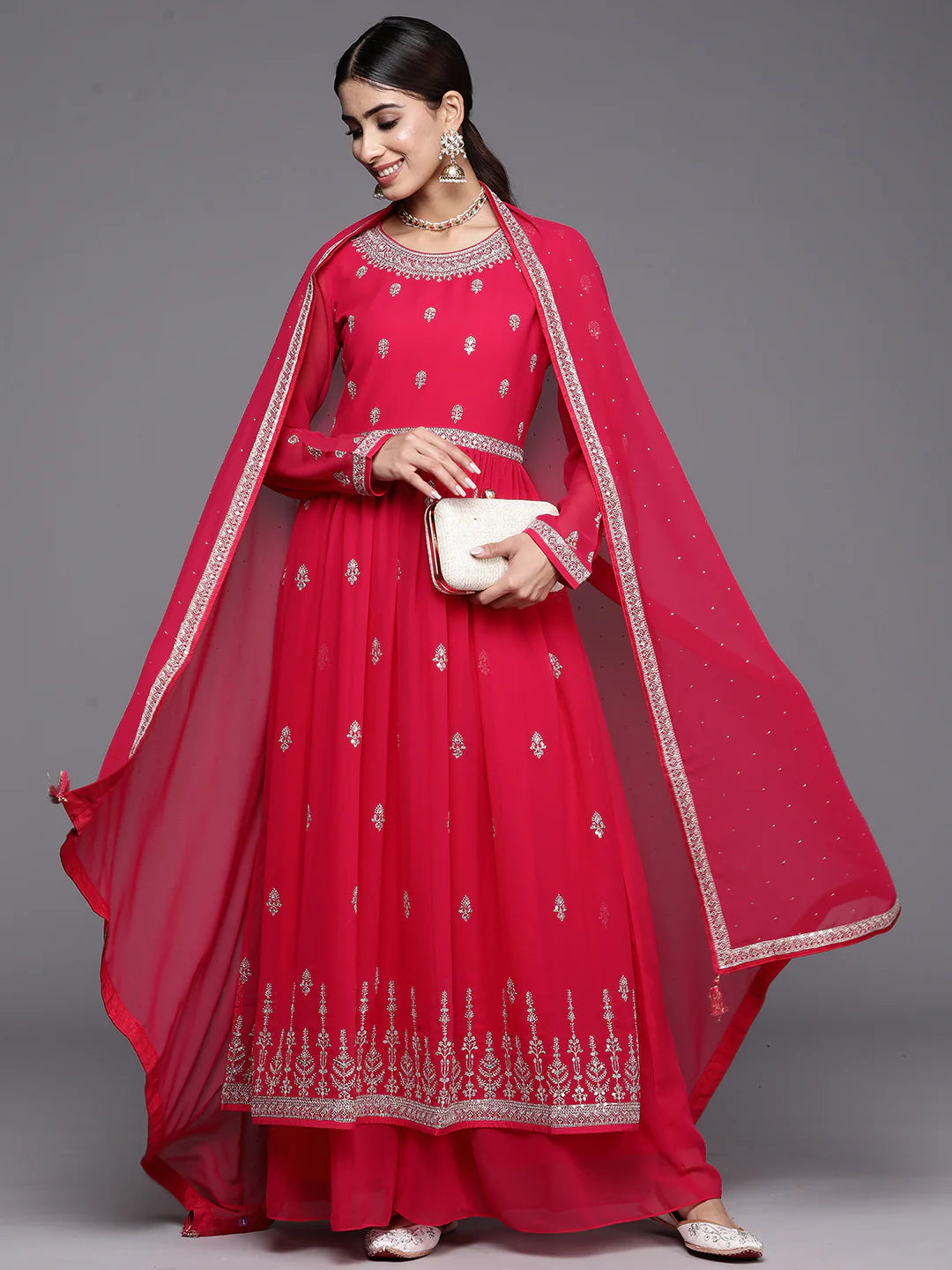 Hot Pink Embroidered Georgette A-Line Kurta With Palazzos & Dupatta