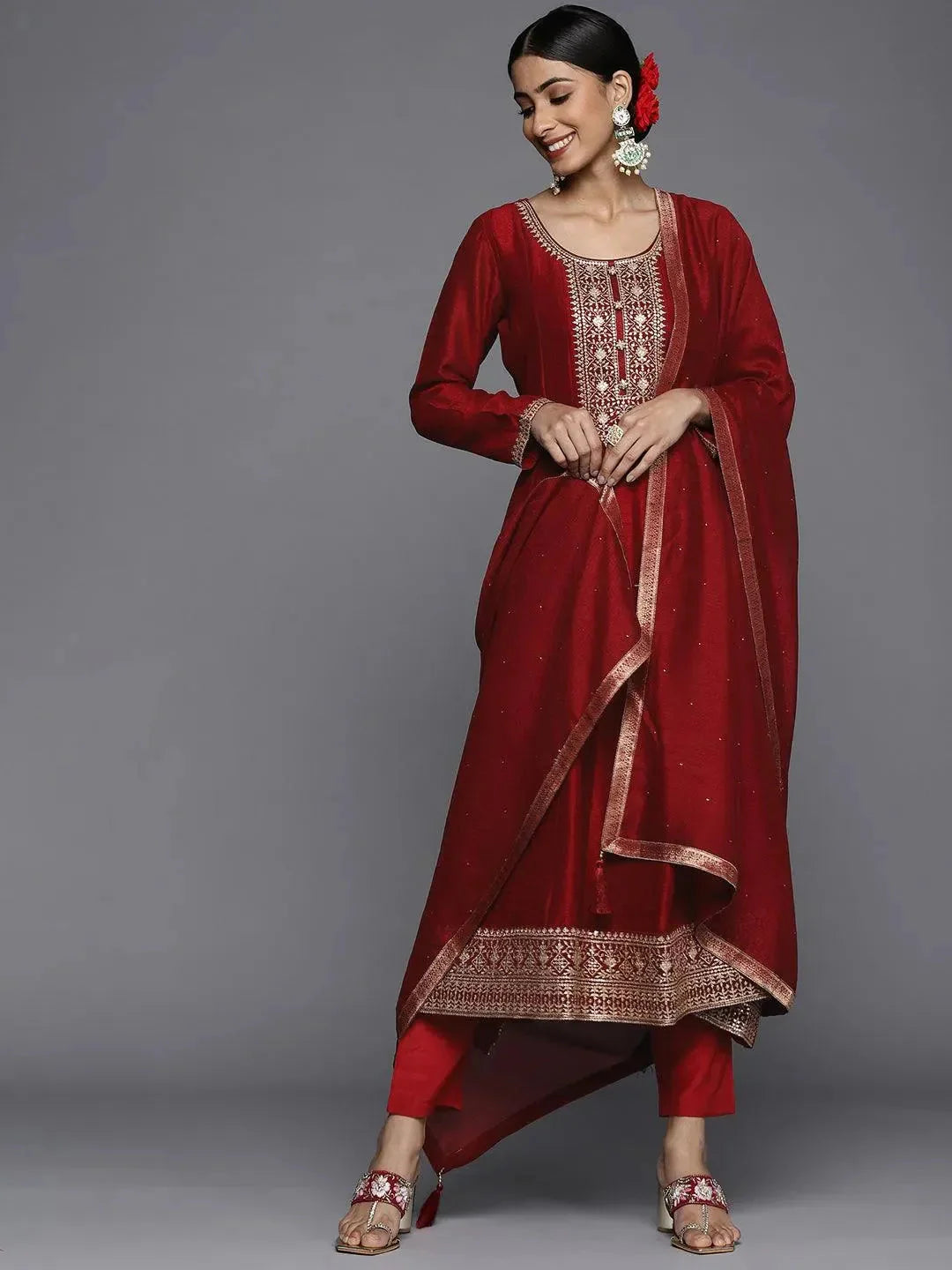 Maroon Yoke Design Silk Blend Anarkali Suit Set With Dupatta