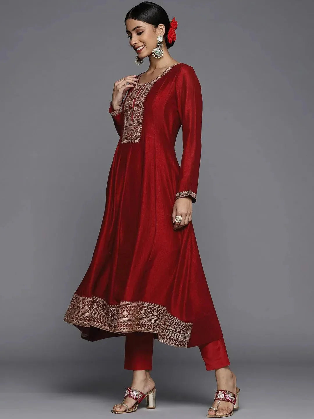 Maroon Yoke Design Silk Blend Anarkali Suit Set With Dupatta