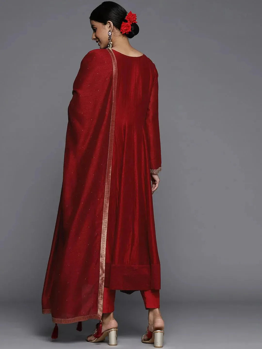 Maroon Yoke Design Silk Blend Anarkali Suit Set With Dupatta