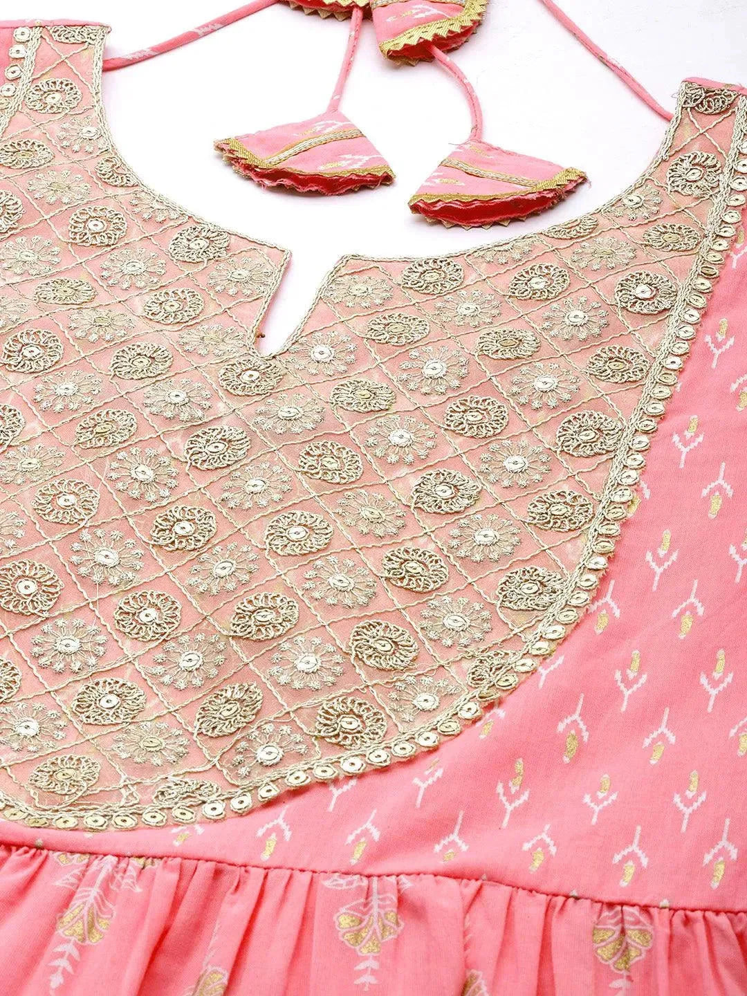 Pink Yoke Design Cotton Anarkali Kurta With Palazzos & Dupatta