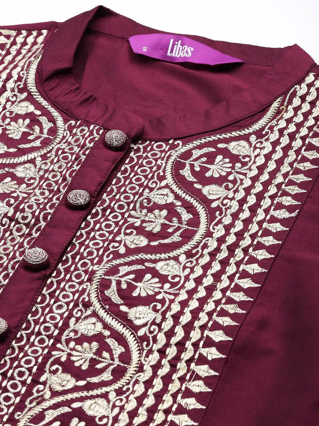 Wine Yoke Design Silk Blend Straight Suit With Dupatta