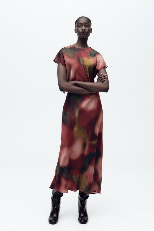 ZARA Printed Satin Midi Dress