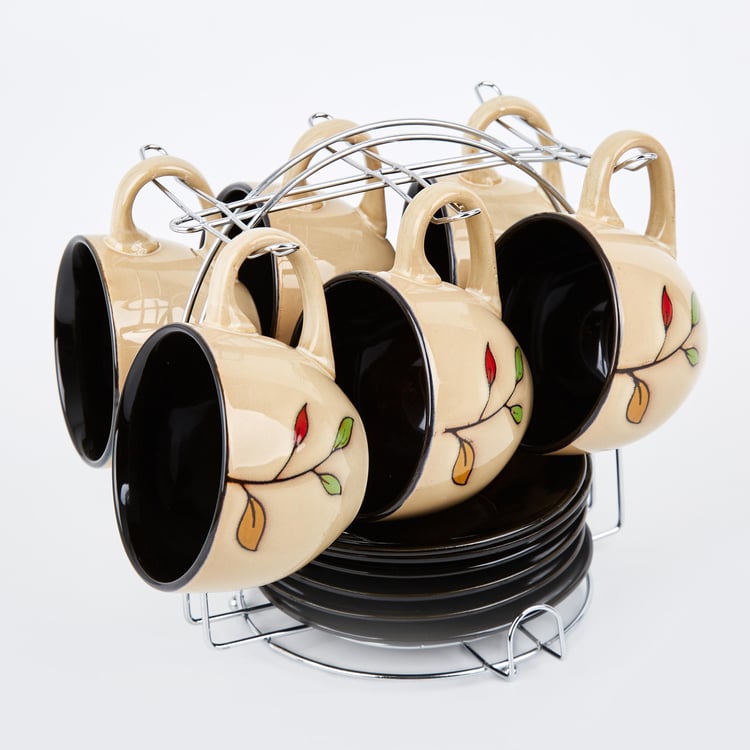 Caraway Set of 6 Stoneware Cups and Saucers with Stand - 220ml