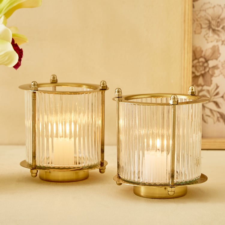Raga Anokha Set of 2 Glass Ribbed Hurricane Candle Holders