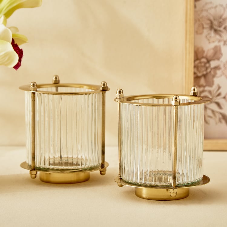 Raga Anokha Set of 2 Glass Ribbed Hurricane Candle Holders