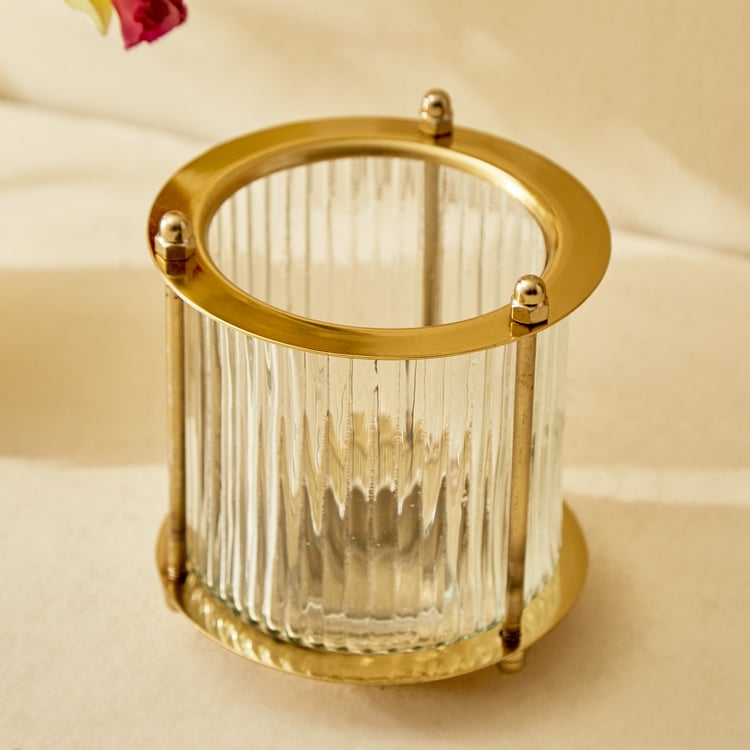 Raga Anokha Set of 2 Glass Ribbed Hurricane Candle Holders