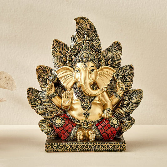 Alpana Ojas Polyresin Ganesha with Leaf Backdrop Figurine