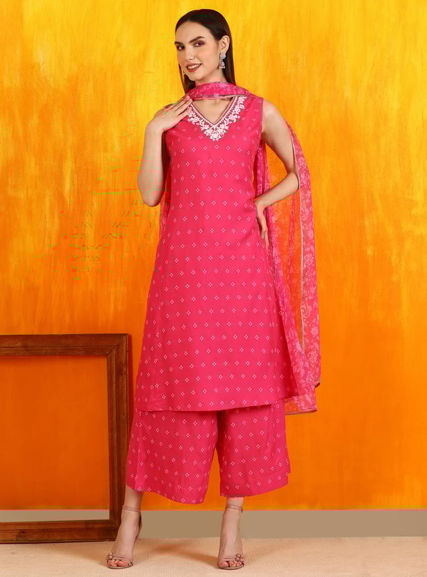 W Bandhani Print Straight Kurta Set