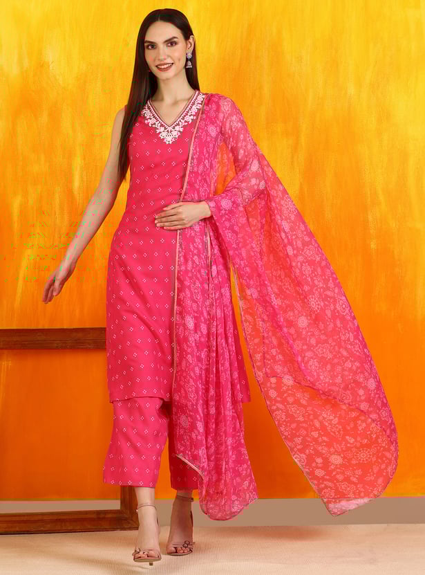 W Bandhani Print Straight Kurta Set