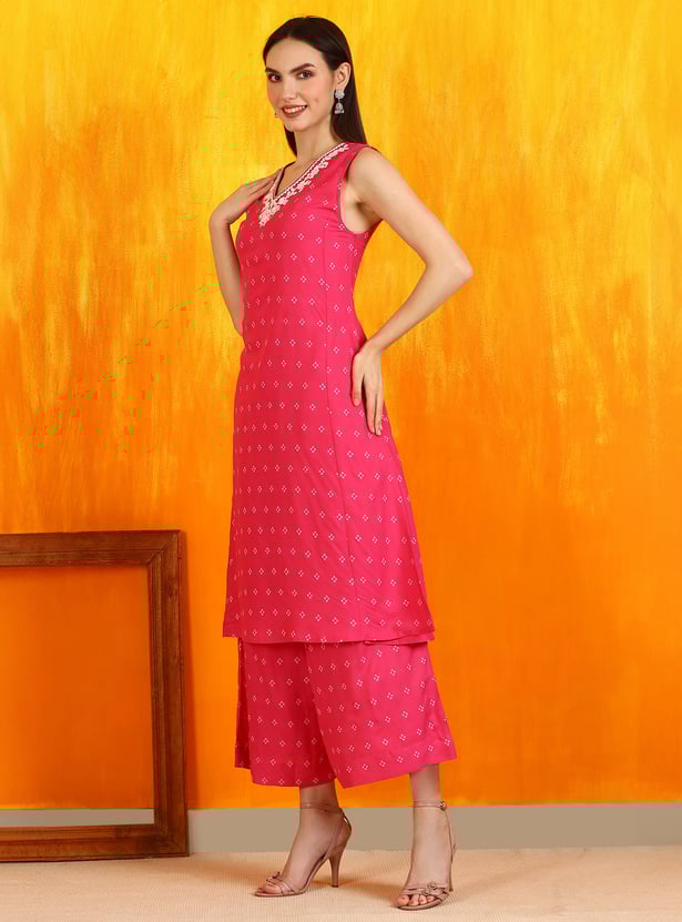 W Bandhani Print Straight Kurta Set