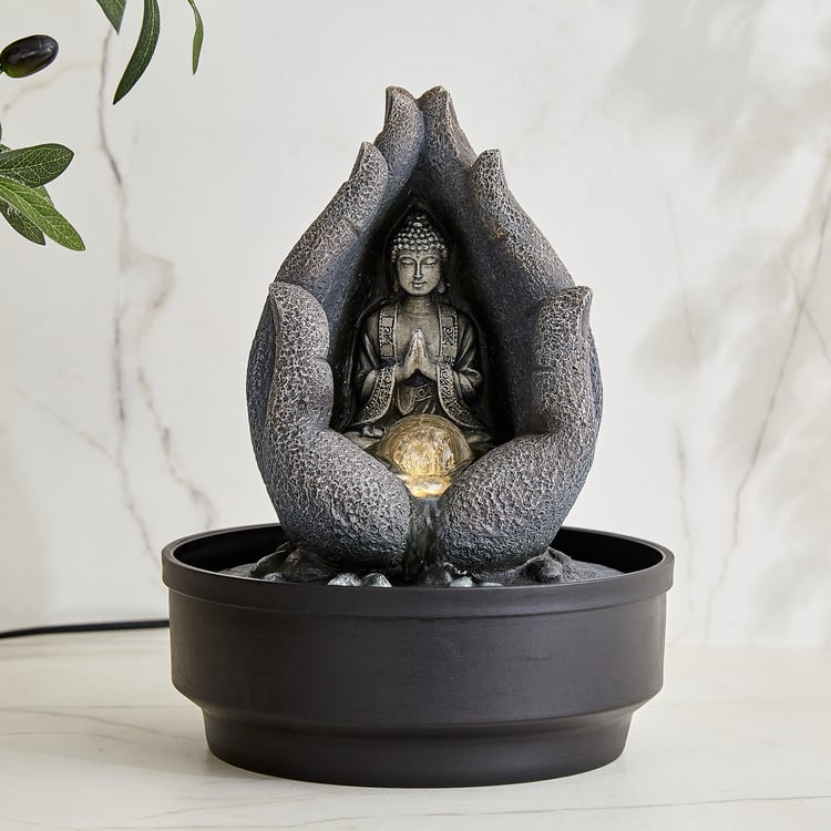 Alpine Modern Polyresin Buddha in Palm Water Fountain - 22x27cm