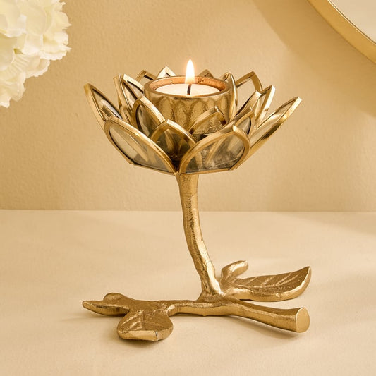 Wables Aluminium and Glass Lotus Pedestal T-Light Holder