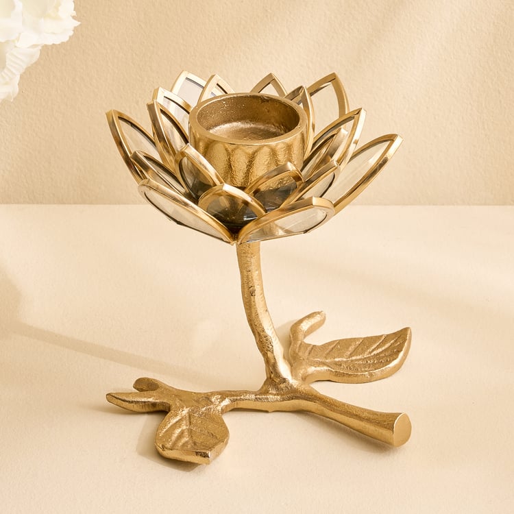 Wables Aluminium and Glass Lotus Pedestal T-Light Holder