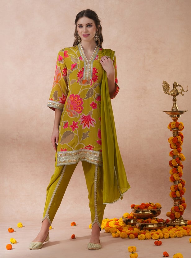 FASHOR Floral Print Straight Kurti Set