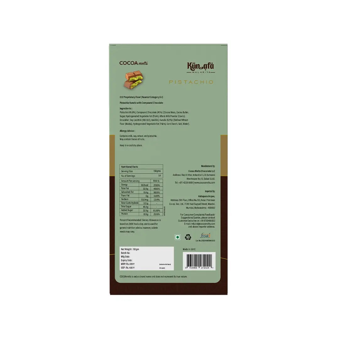 Cocoamelt Kunafa Pistachio Flavour Chocolate Bar 150 g