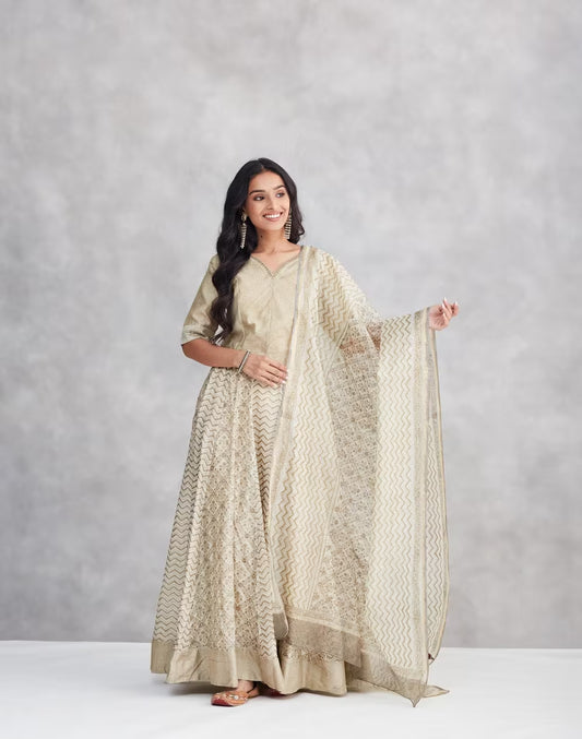 Beige Cotton Silk Hand Block Print Slim Fit Dupatta, Choli & Skirt Set