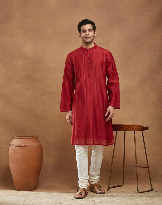 Red Cotton Silk Blend Striped Long Kurta