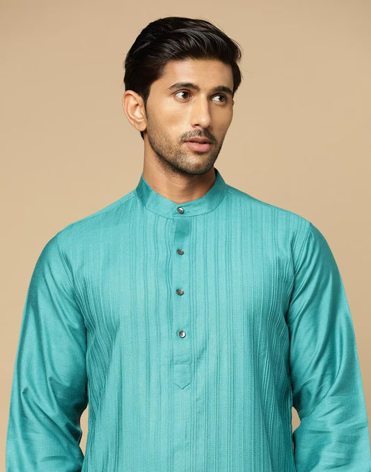 Turquoise Viscose Silk Pintucks Slim Fit Long Kurta