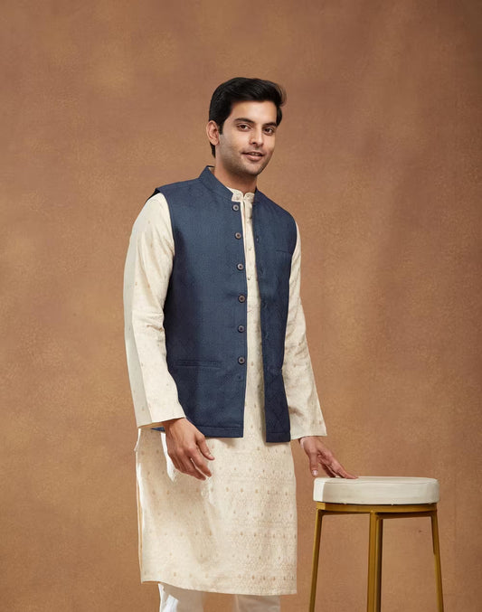 Navy Viscose Silk Hand Block Printed Nehru Jacket