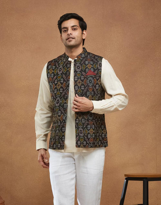 Black Silk Ikat Nehru Jacket