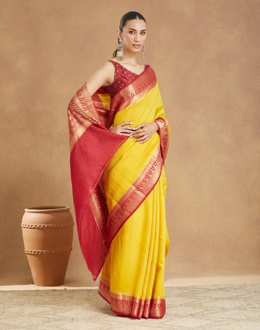 Yellow Silk Blend Woven Sari