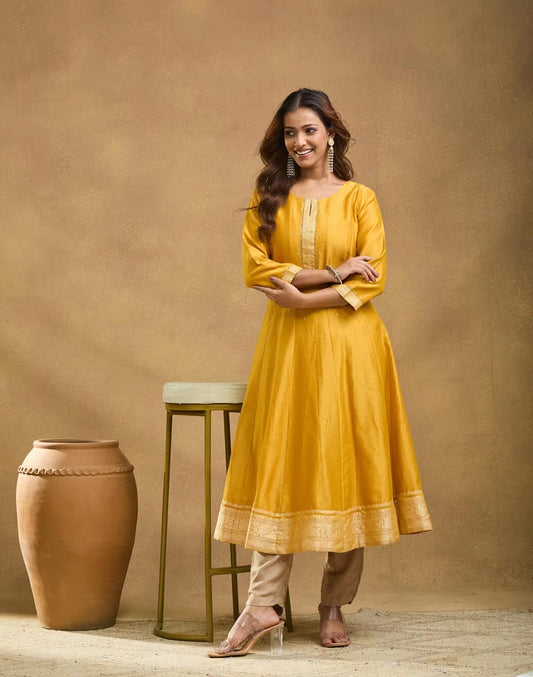 Yellow Cotton Silk Hand Embroidered Slim Fit Long Kurta