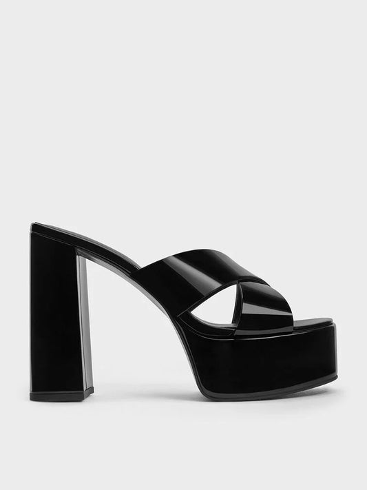 Charles & Keith Patent Crossover Strap Platform Mules