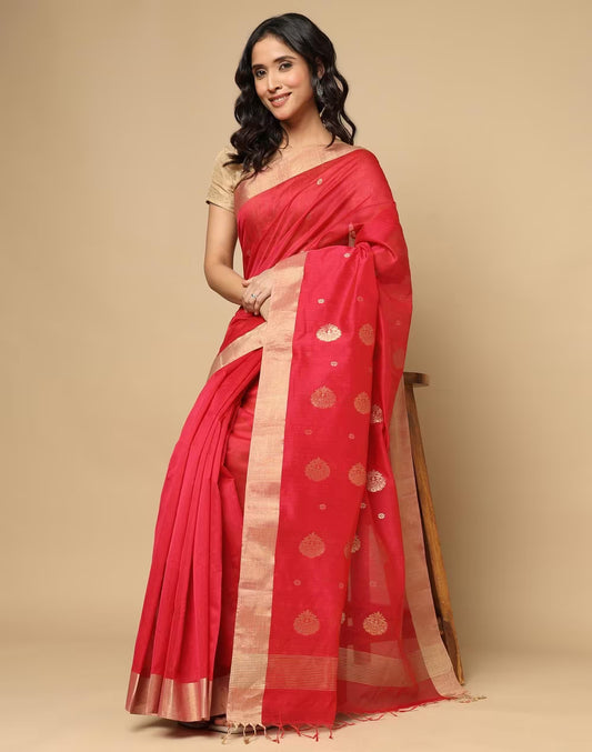 Red Cotton Silk Blend Chanderi Sari
