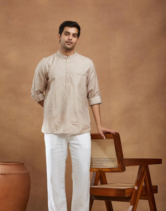 Beige Silk Slim Fit Mid Placket Shirt