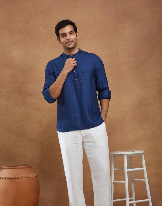 Blue Viscose Silk Dobby Slim Fit Mid Placket Shirt