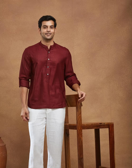 Maroon Viscose Silk Slim Fit Mid Placket Shirt