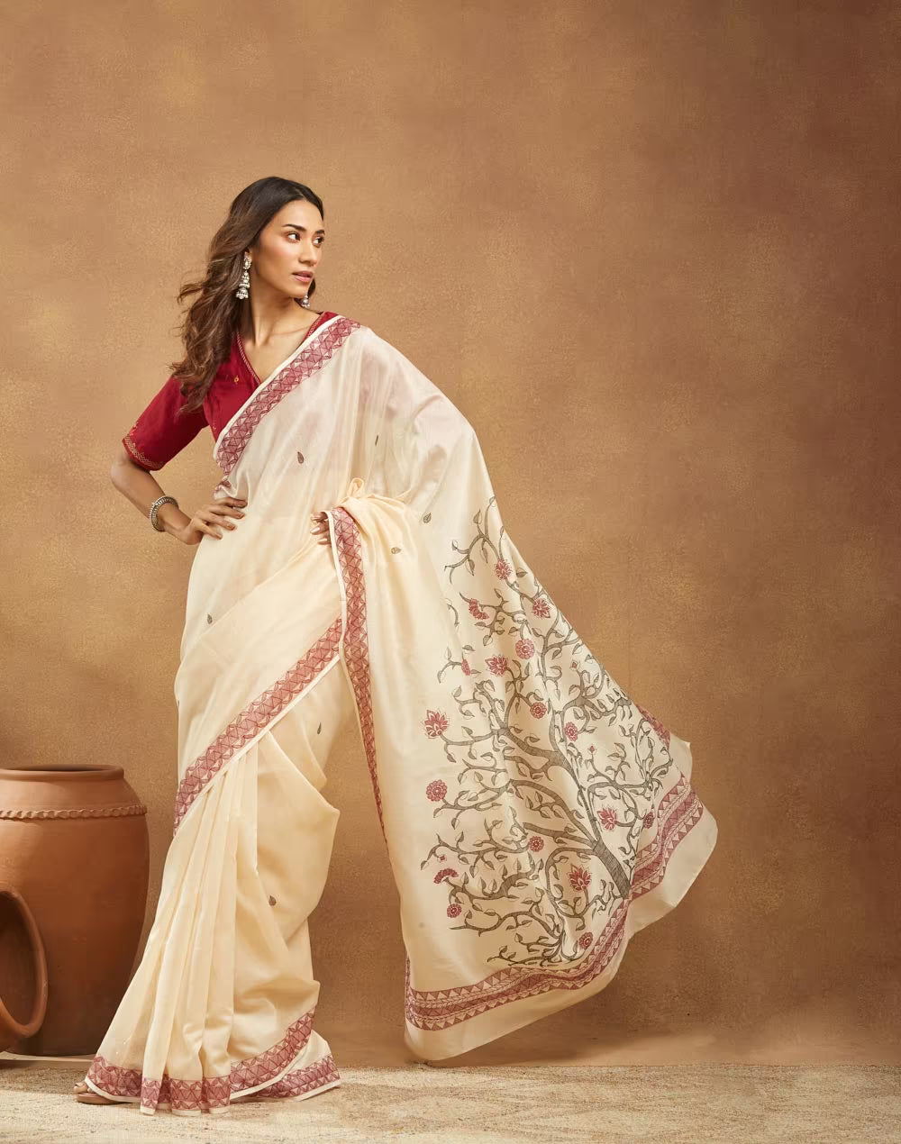 Beige Cotton Silk Madhubani Sari