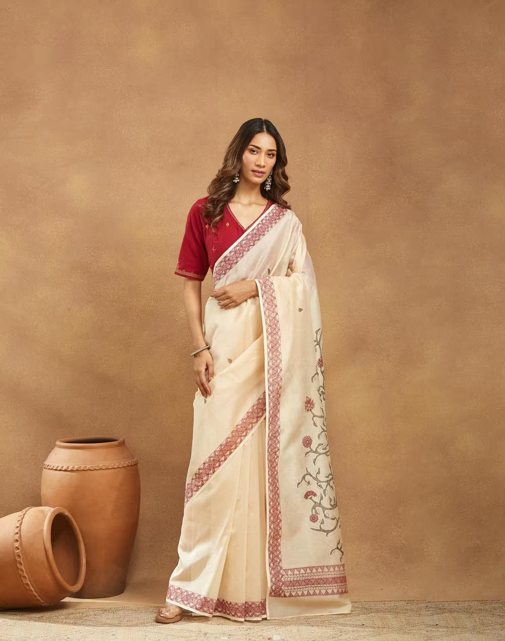 Beige Cotton Silk Madhubani Sari