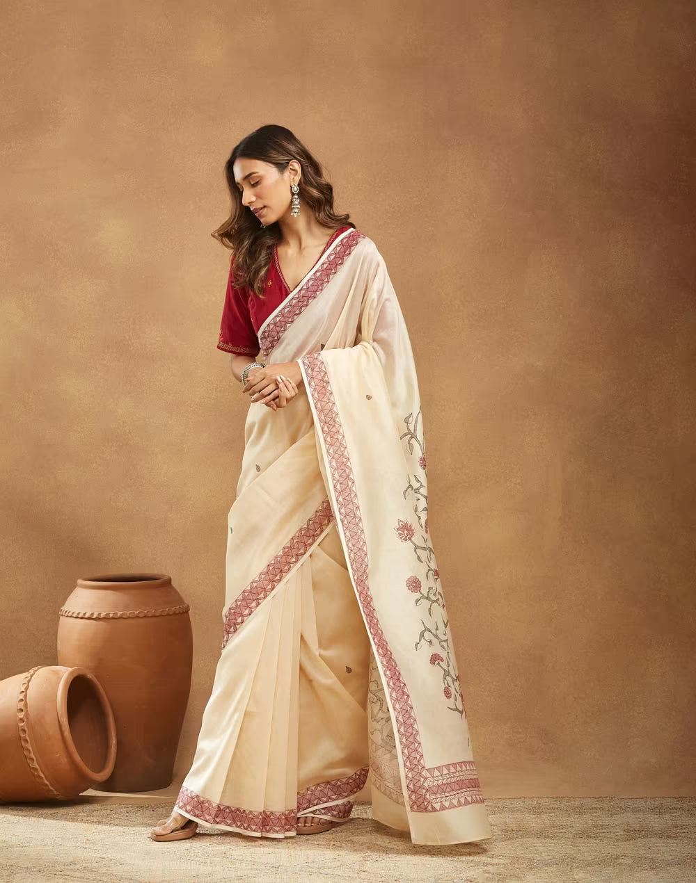 Beige Cotton Silk Madhubani Sari