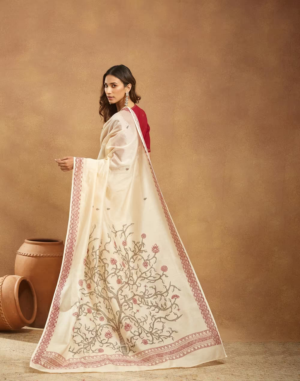 Beige Cotton Silk Madhubani Sari