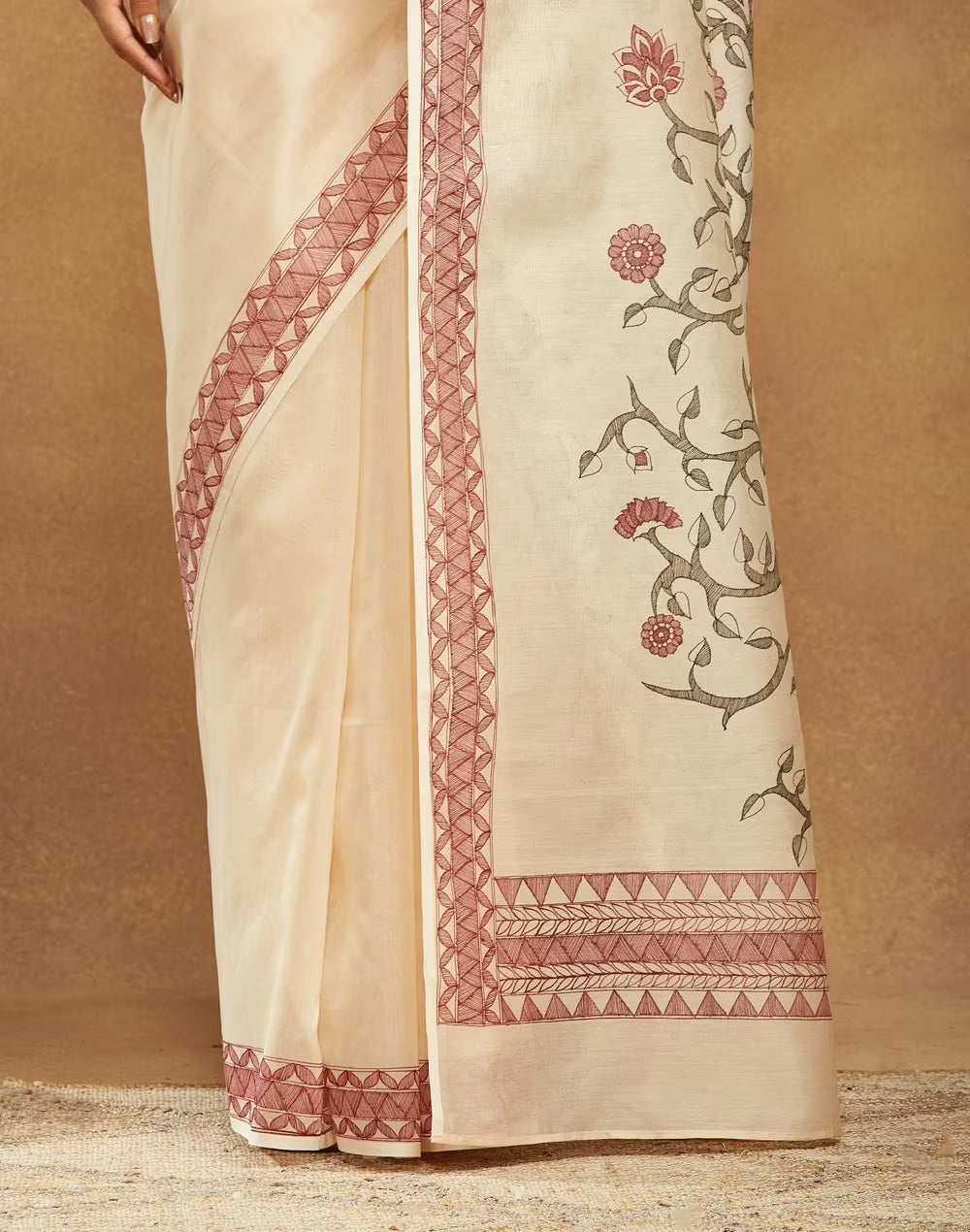 Beige Cotton Silk Madhubani Sari
