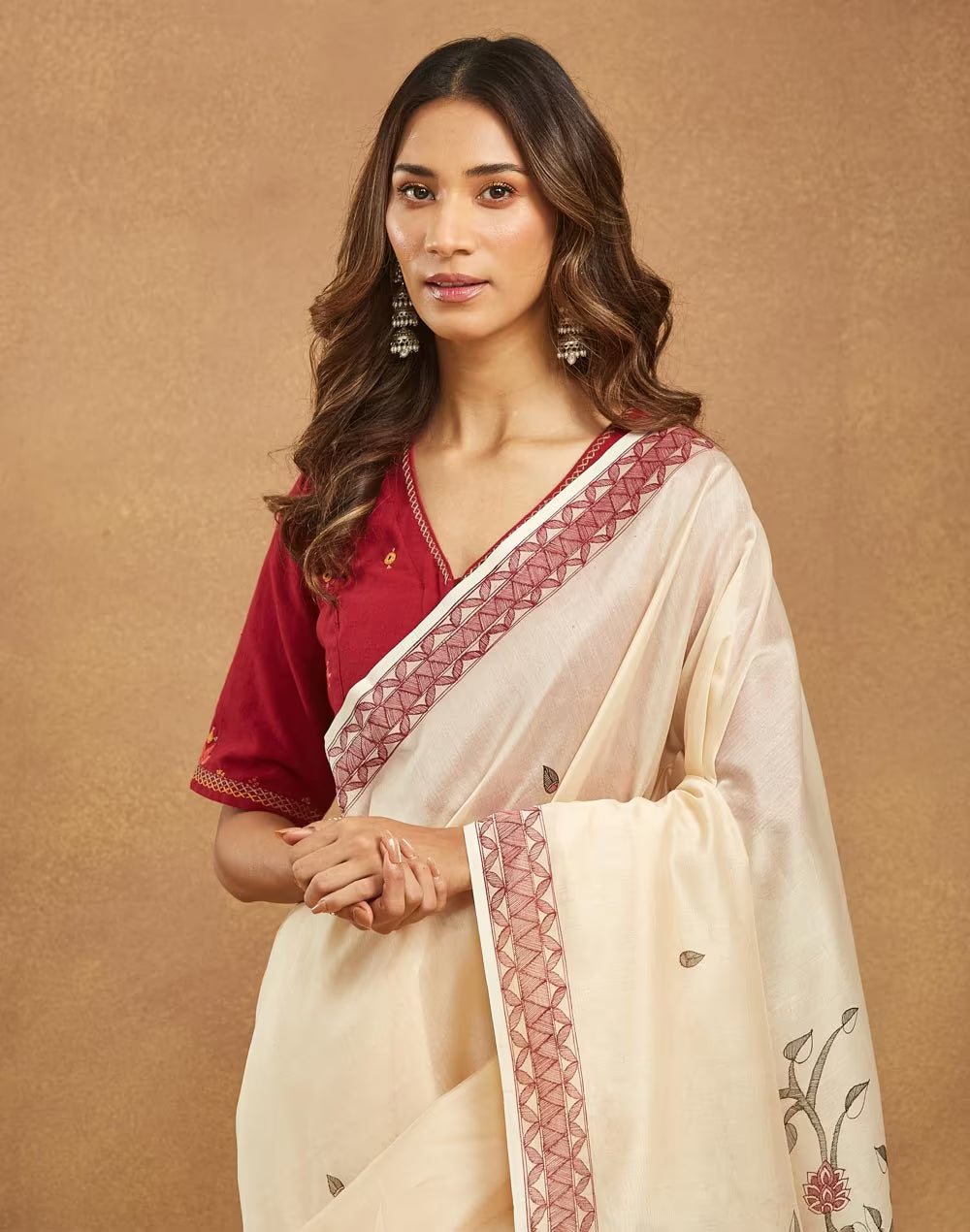 Beige Cotton Silk Madhubani Sari