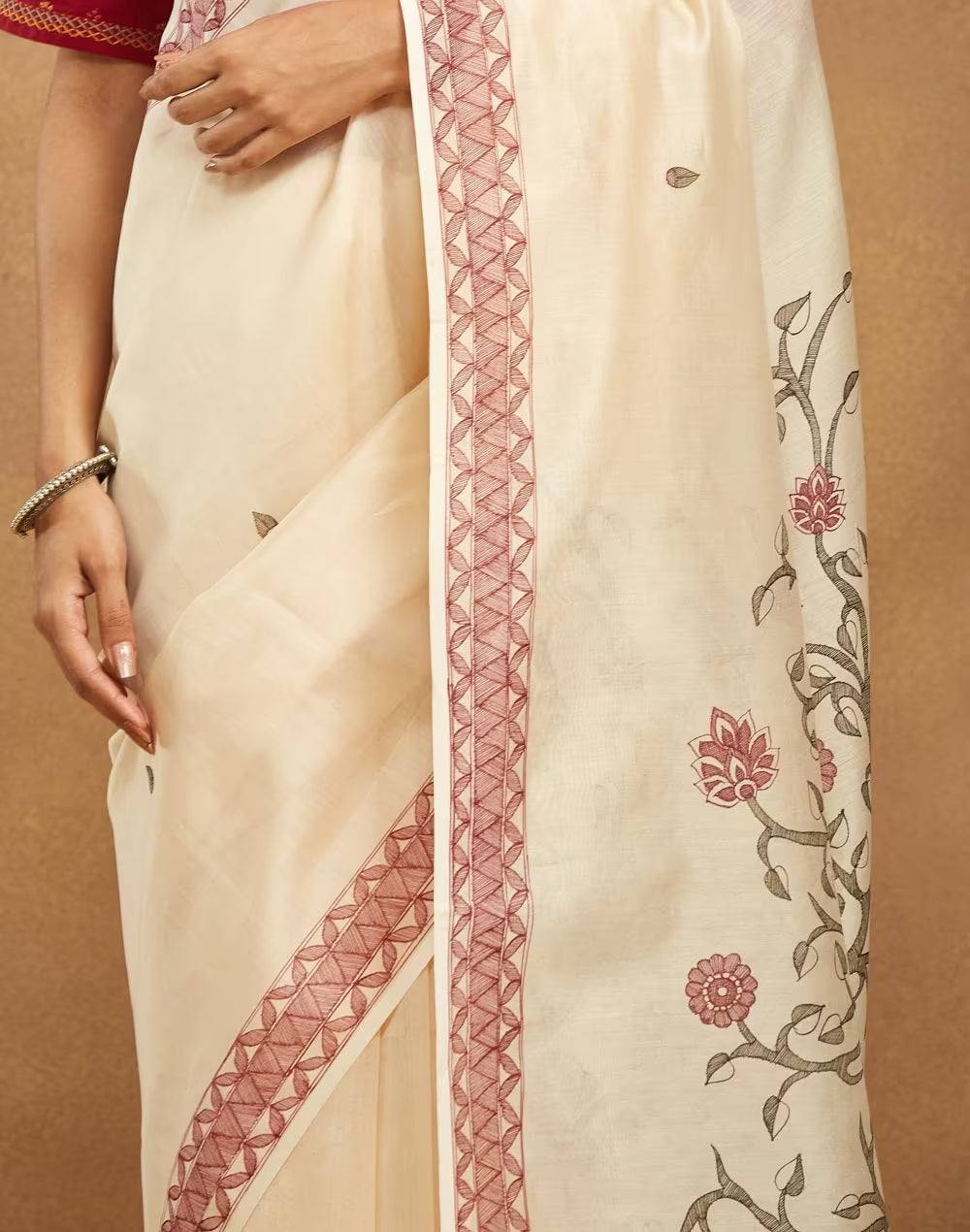 Beige Cotton Silk Madhubani Sari