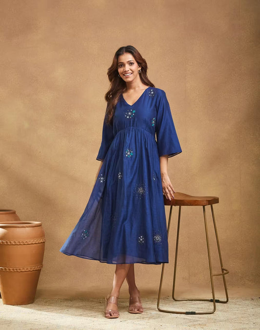 Blue Cotton Silk Embroidered Midi Dress